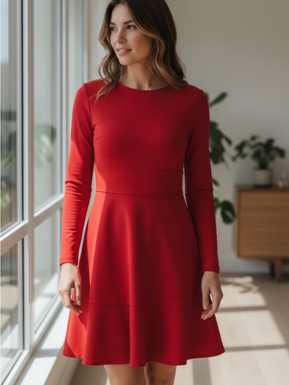 Zara Red Long-Sleeve Mini Fit & Flare Dress